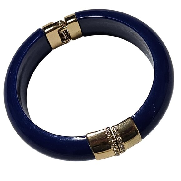 Retro Blue Resin Bangle Bracelet Gold Tone Rhinestone Accent Hinge Cuff Fashion - Picture 2 of 5